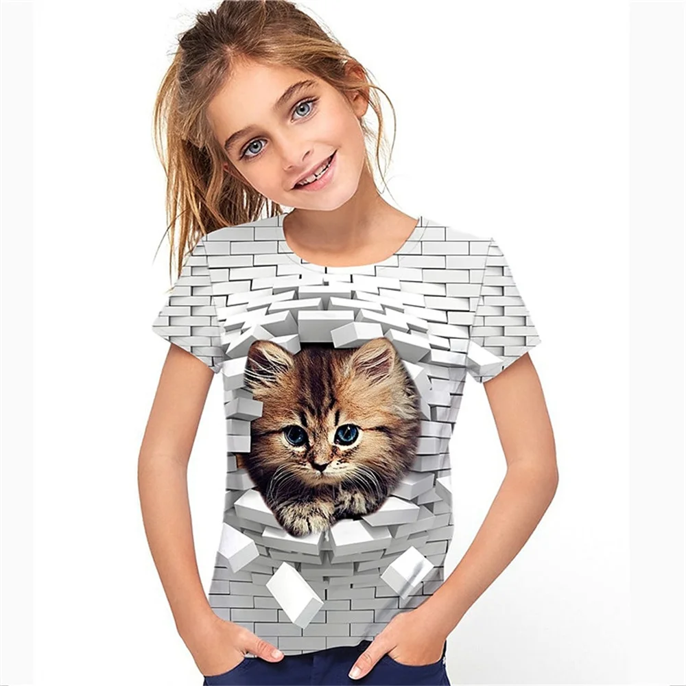 Camiseta con estampado 3d de gato para niñas, camisetas con bonitos viñetas de animales para niñas, camiseta de regalo para niños, Top informal de manga corta, ropa para niños 2025