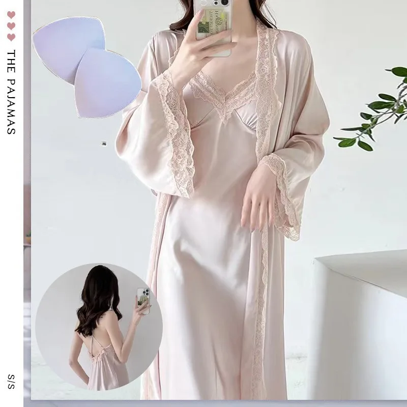 

Summer's New Sexy Long Halter Dress, Two-piece Bathrobe, Ice Silk Home Wear, Women's V-neck Pajama Set, Comfortable Fashion
