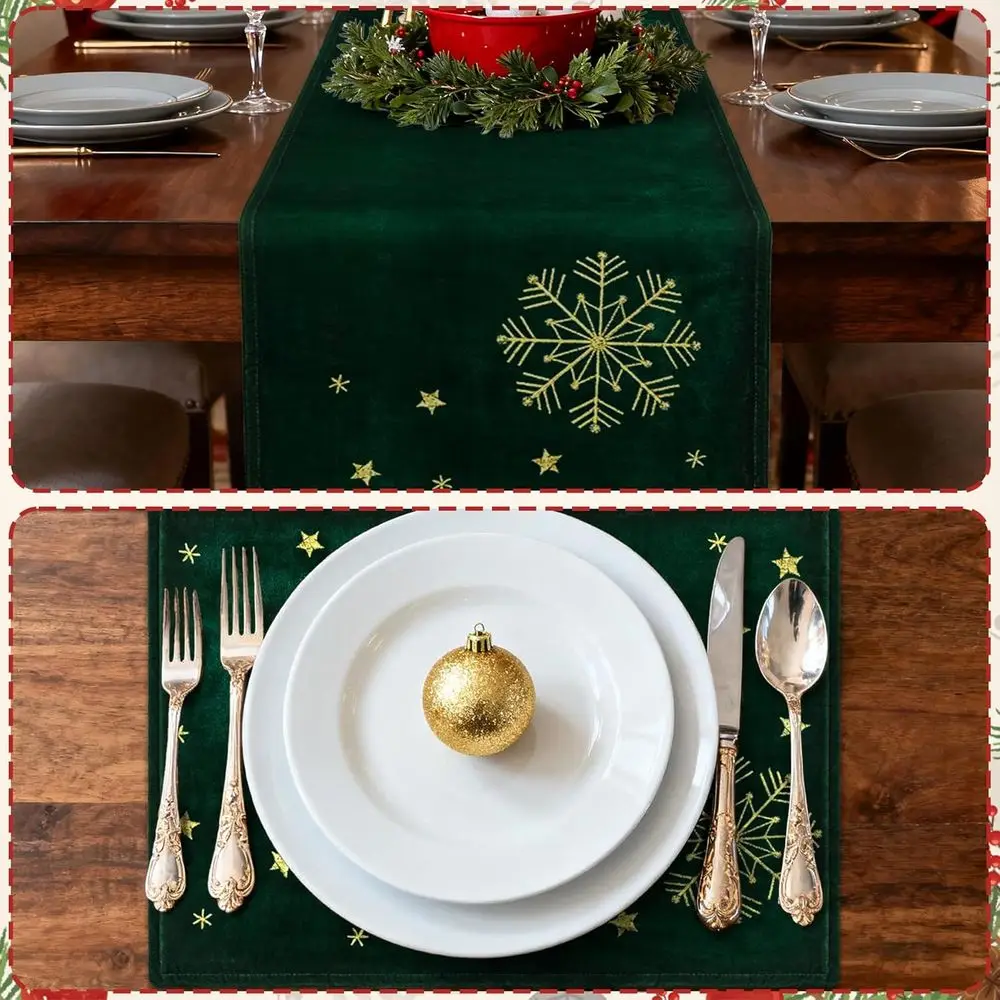مجموعة مفارش ومفارش طاولة مخملية أنيقة مطرزة باللونين الأخضر والذهبي على شكل أوراق هولي لعيد الميلاد، مقاس 10 × 72 بوصة لديكور الطعام الاحتفالي