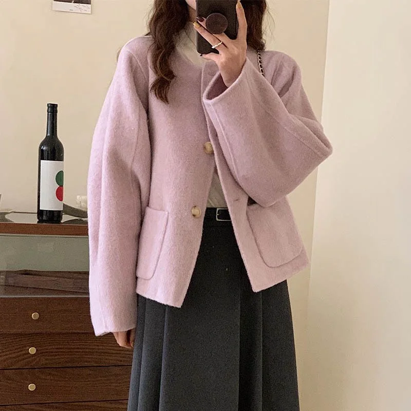 2023 Autumn and Winter New Magenta Student Graceful Short Loose round Neck Small Wool Outerwear Women Fashion