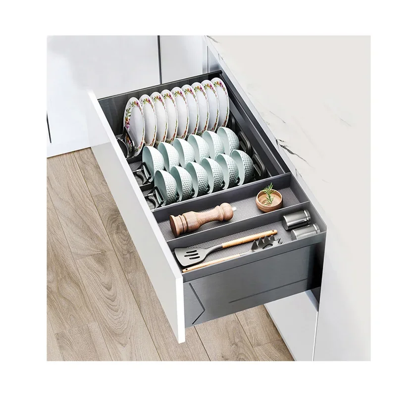 Modern Drawer Type Bowl Dish Basket Aluminum Pull Out Dish Drawer Basket Multifunctional Kitchen Dish Storage Drawer Basket