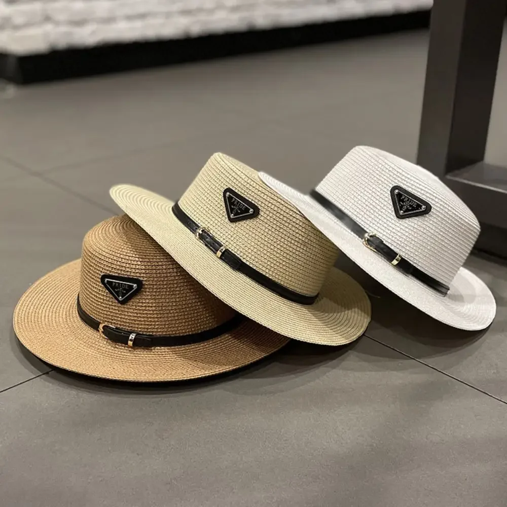 

Triangular Metal Logo Straw Woven Hat for Children's Spring and Summer Fashion Versatile Vacation Beach Sun Hat