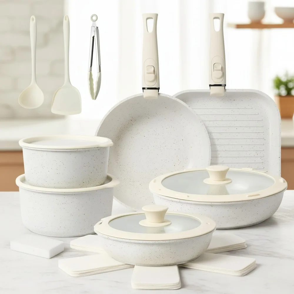 

Non Stick Ceramic Cookware Set 20PCS, Detachable Handle Stackable Pots Pans Induction Safe for Kitchen RV Camping