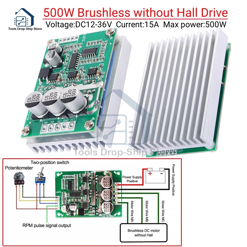 

500W Brushless Hall Free Motor Driver Board DC12-36V 15A High Power Foward Reverse Speed Regulator Module Speed Controller