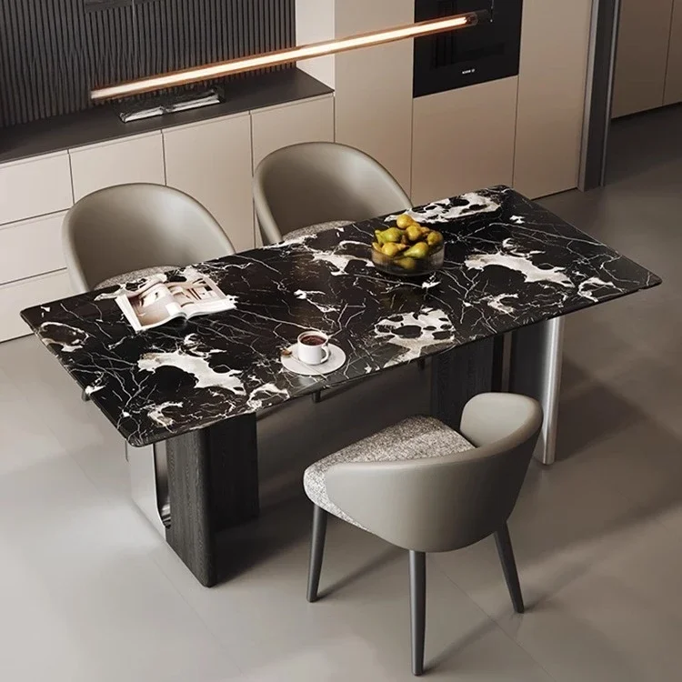 Light luxury marble dining table Small apartment dining table and chair combination Household luxury stone pattern Black rose It