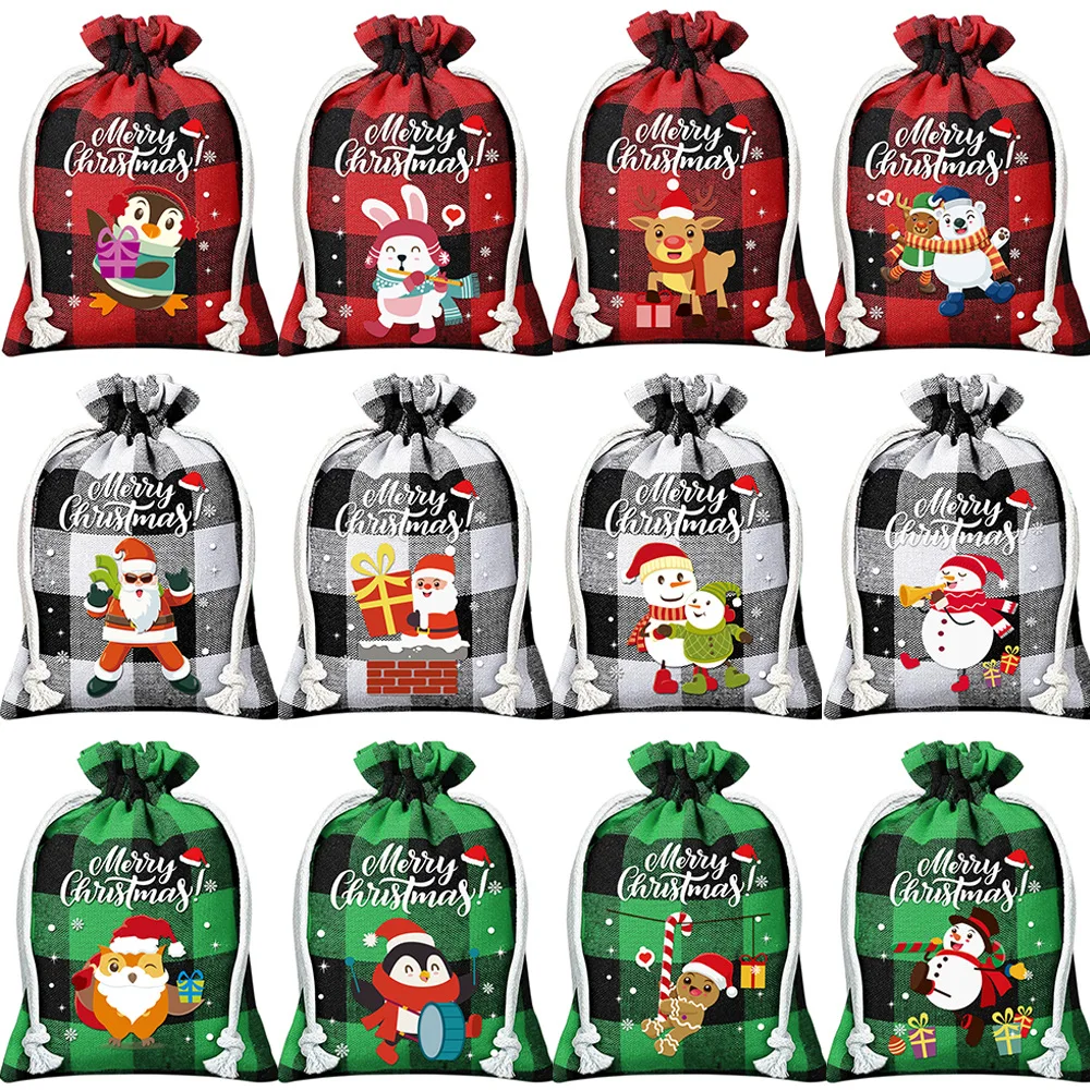 36pcs/lot 10*14cm Penguin Santa Claus Snowman Printing Drawstring Linen Bags Cute Cartoon Pouches Christmas Gift Wrapping Bag