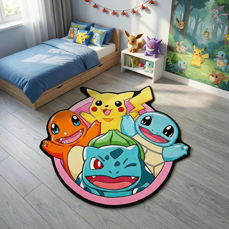 Pikachu Charmander Squirtle Bulbasaur Faux Cashmere Irregular Rug, Cartoon Carpet, Soft Mat, Kids Bedroom Gift