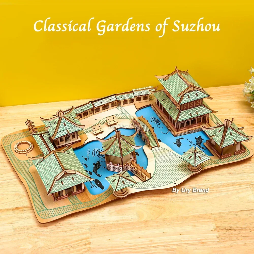 3D Wooden Puzzle Chinese Vintage Architecture Red Square Notre Dame De Paris Model DIY Kits Toys Desk Decoration Gifts for Kids