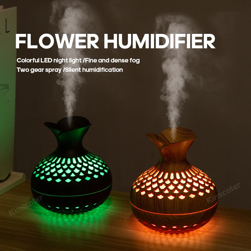 Pelembap Udara USB 300Ml, Pelembap Udara Mini Pelembap Desktop, Pelembap Bentuk Vas Berongga dengan Lampu Malam Warna-warni