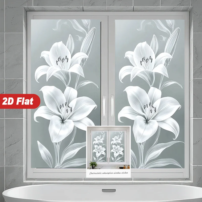 Elegant White Lily Frosted Privacy Window Film Large Full‑Coverage Light‑Blocking Anti‑Peeping Home Glass Decor