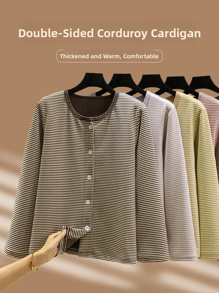 Double-Sided Fleece Button-Up Cardigan Women's Autumn Winter Thermal Outerwear Striped Home Clothes Large Size Sleepwear