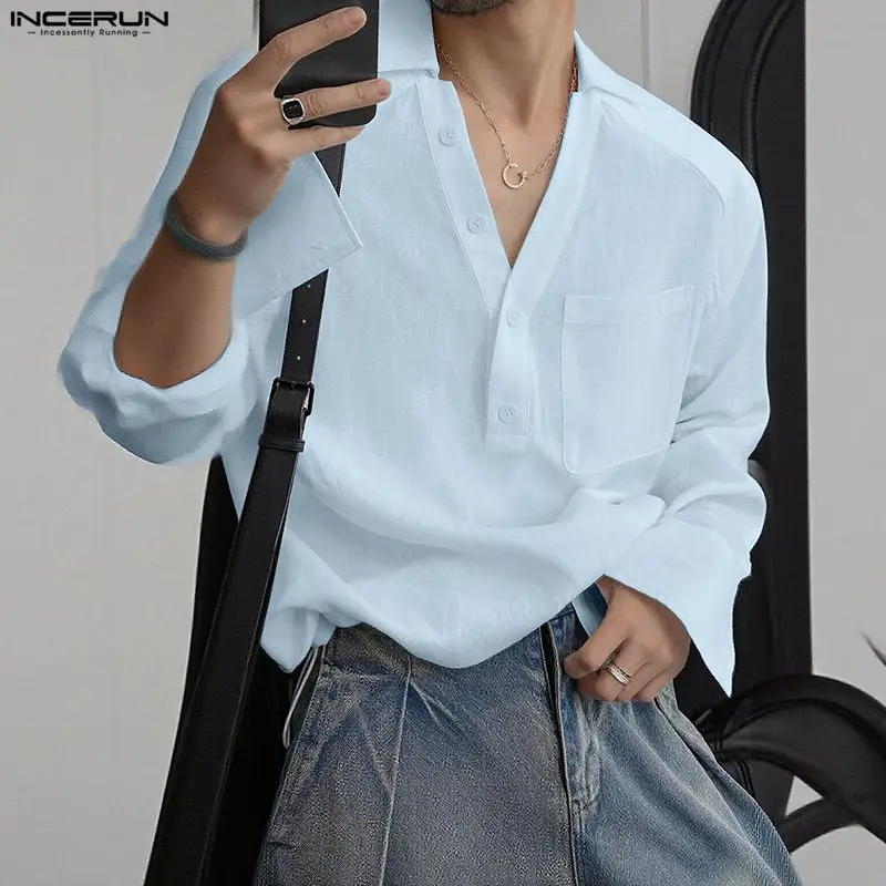 INCERUN قميص رجالي بلون سادة وأكمام طويلة على طراز القرآن ملابس رجالية غير رسمية برقبة على شكل V قمصان برباط ملابس علوية عصرية للرجال