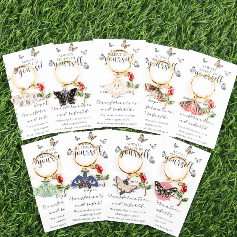 Lot de 9 porte-clés mignons en forme de papillon et de fleur de tulipe, avec carte de motivation papillon – Cadeau idéal pour anniversaire