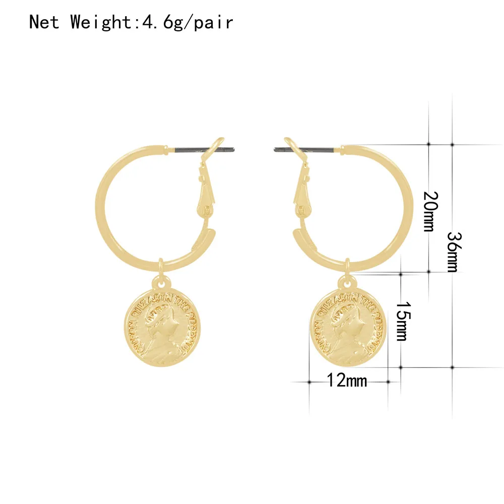 Cute Coin Pendant Hoop Earrings Gold Color Small Coin 20mm Hoop Earrings Mini Ear Piercing Dangle Earrings