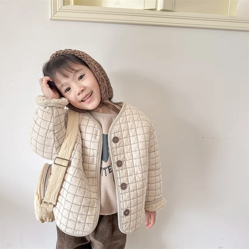 Winter Kids cotton-padded jackets fashion plaid lining fleece coats boys and girls warm thicken outerwear