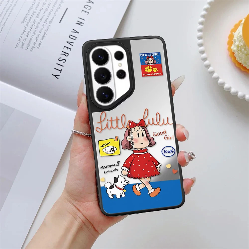 Cute Strolling Girl Dog Mirror Surface Magnetic Phone Cover for Samsung Galaxy S23 S24 S25 S26 Ultra S26+ Plus Case