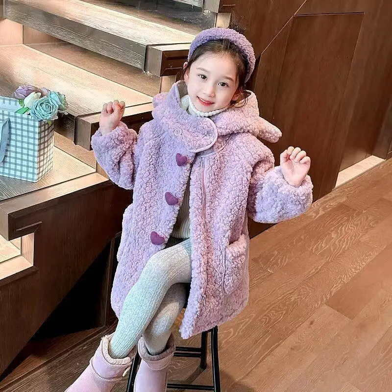 

Kawaii повседневное пальто, топы, модная детская одежда, вязаное пальто для девочек, зимняя куртка на флисовой подкладке, новинка 2025 года, теплая верхняя одежда для