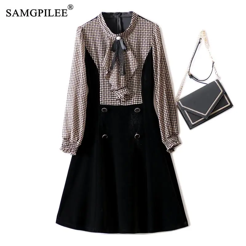 

SAMGPILEE Elegant Dresses For Women 2022 Spring New Bow Ladies Slim Double-breasted Drape Gold Velvet Slim Autumn Dress Woman