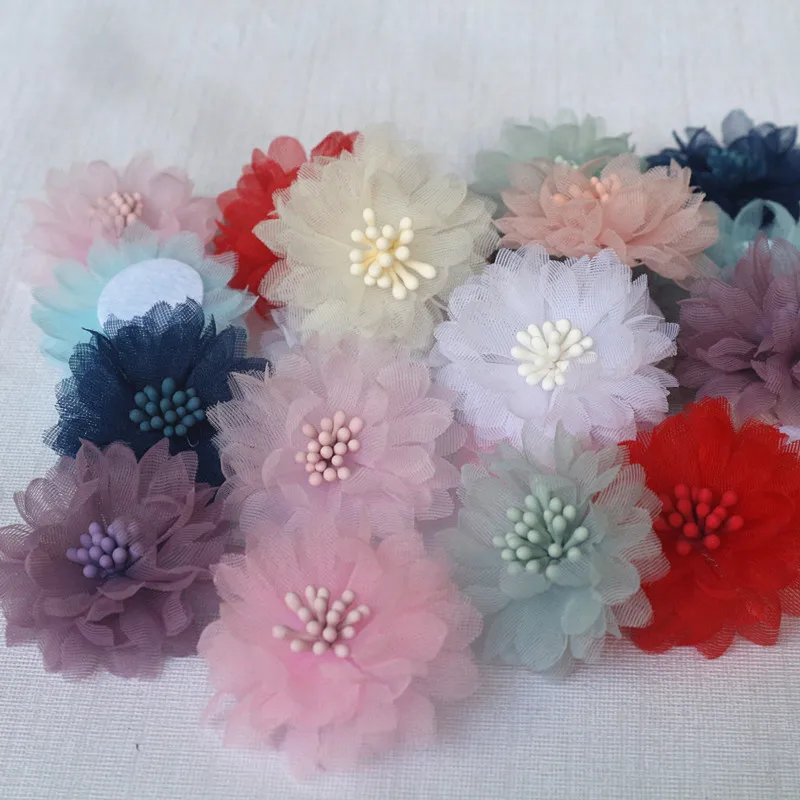 10Pcs 4CM Handmade Chiffon Fabric Cored Flowers For DIY Hair Accessories Hats Headband Wedding Dress Decoration