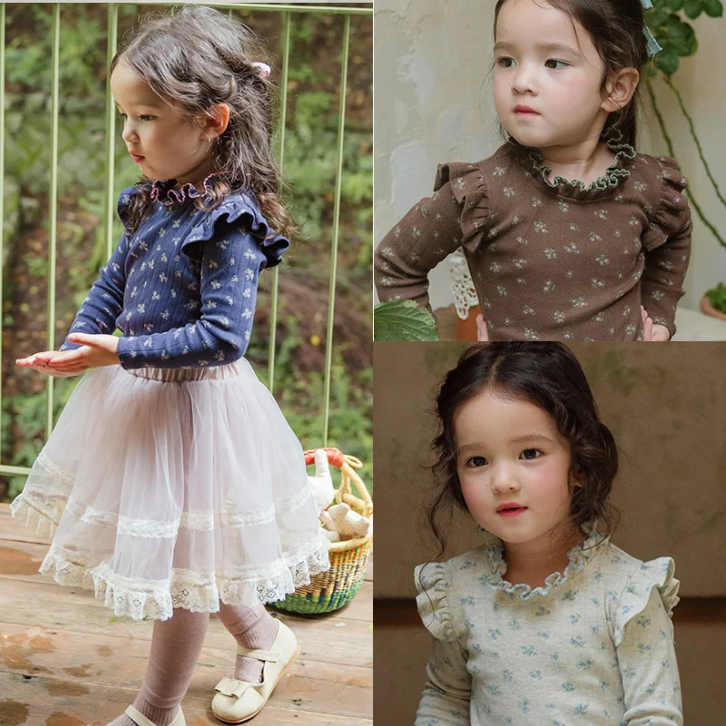 Girls Base Shirt 26 Fall New Printed Fashion Lace Leader Flying Sleeve Long Sleeve T-Shirt Cotton Sweet High Stretch Long Shirt