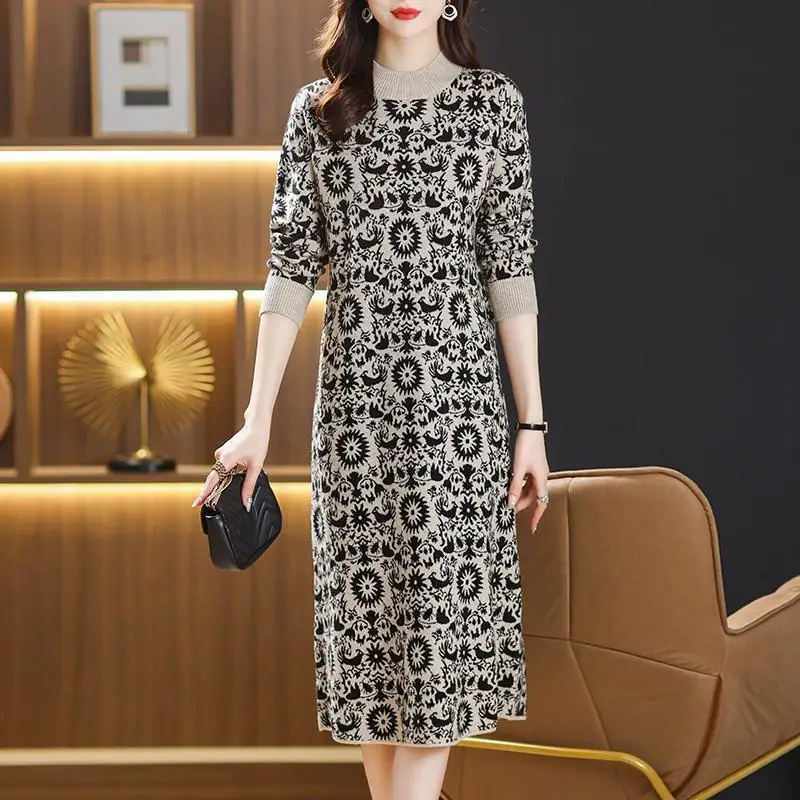 2024 ผู้หญิงฤดูใบไม้ร่วงถักชุดเสื้อกันหนาวยาวVINTAGE Jacquardครึ่งคอPulloverหลวมหญิงVestidos Ladyชุด