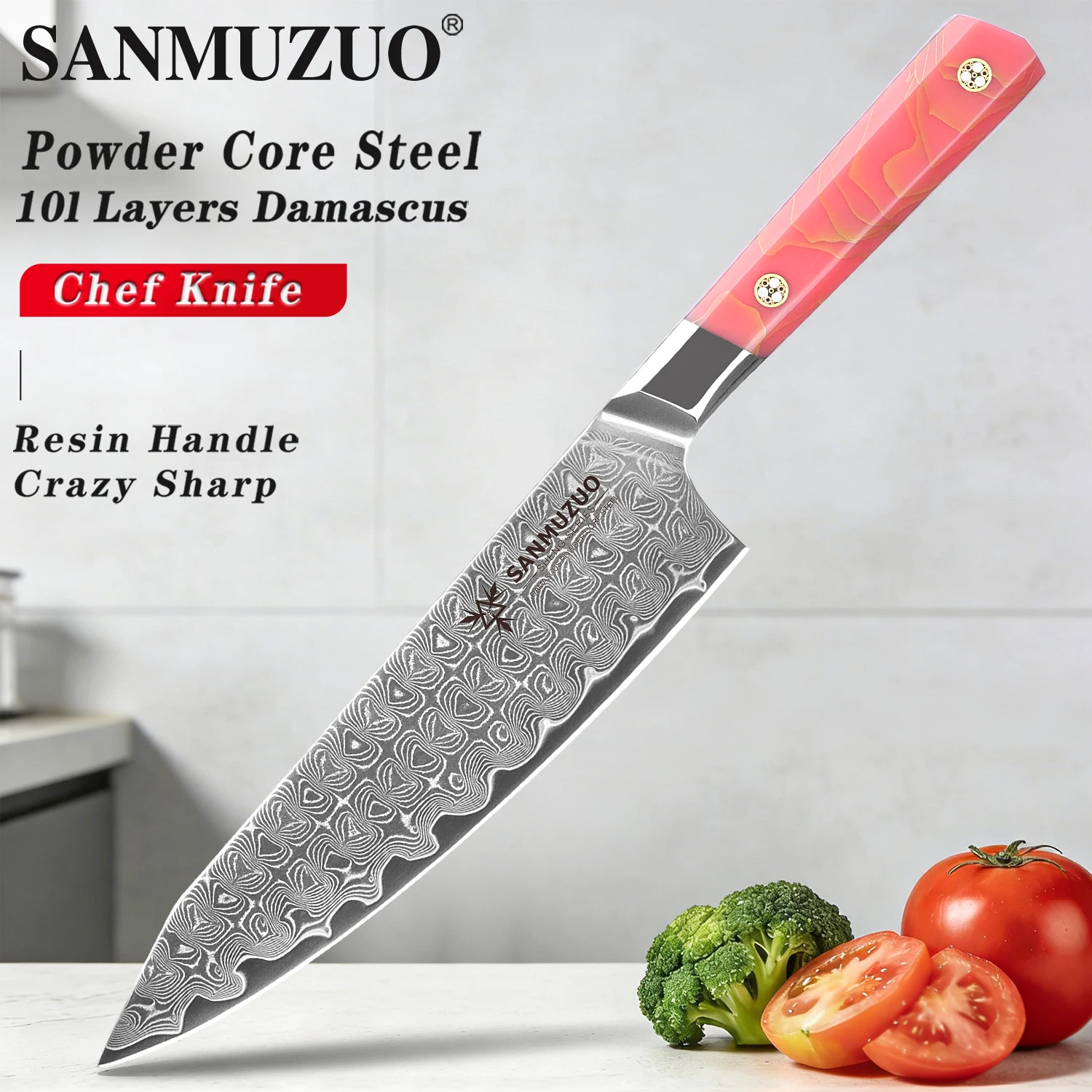 BISHENG Serie 8 Zoll Kochmesser - 101 Lagen Damaszener Pulverstahl Ultra-Scharf Langlebiges Küchenmesser - Kunstharzgriff
