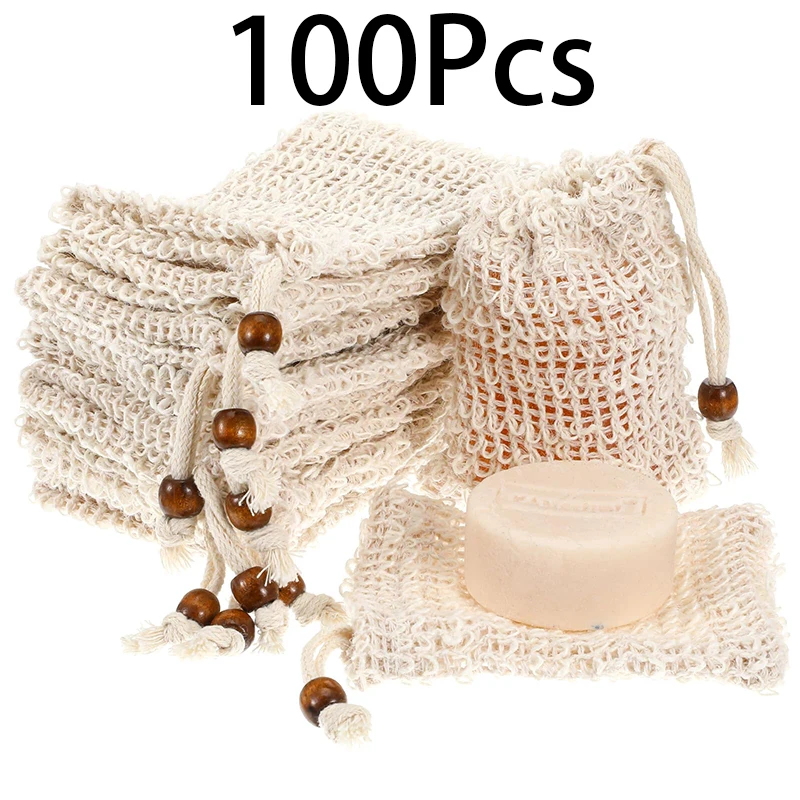 100 Pieces Soap Bag, Natural Sisal Soap Saver Bag, Mesh Exfoliating Bag Pouch, Foaming and Drying Holder for Shower