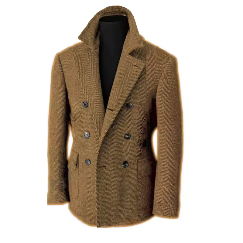 British Men's Blazers Vintage Herringbone Tweed Formal Jacket Wool Blend Double Breasted Casual Autumn Winter Suit Coat - Image 16