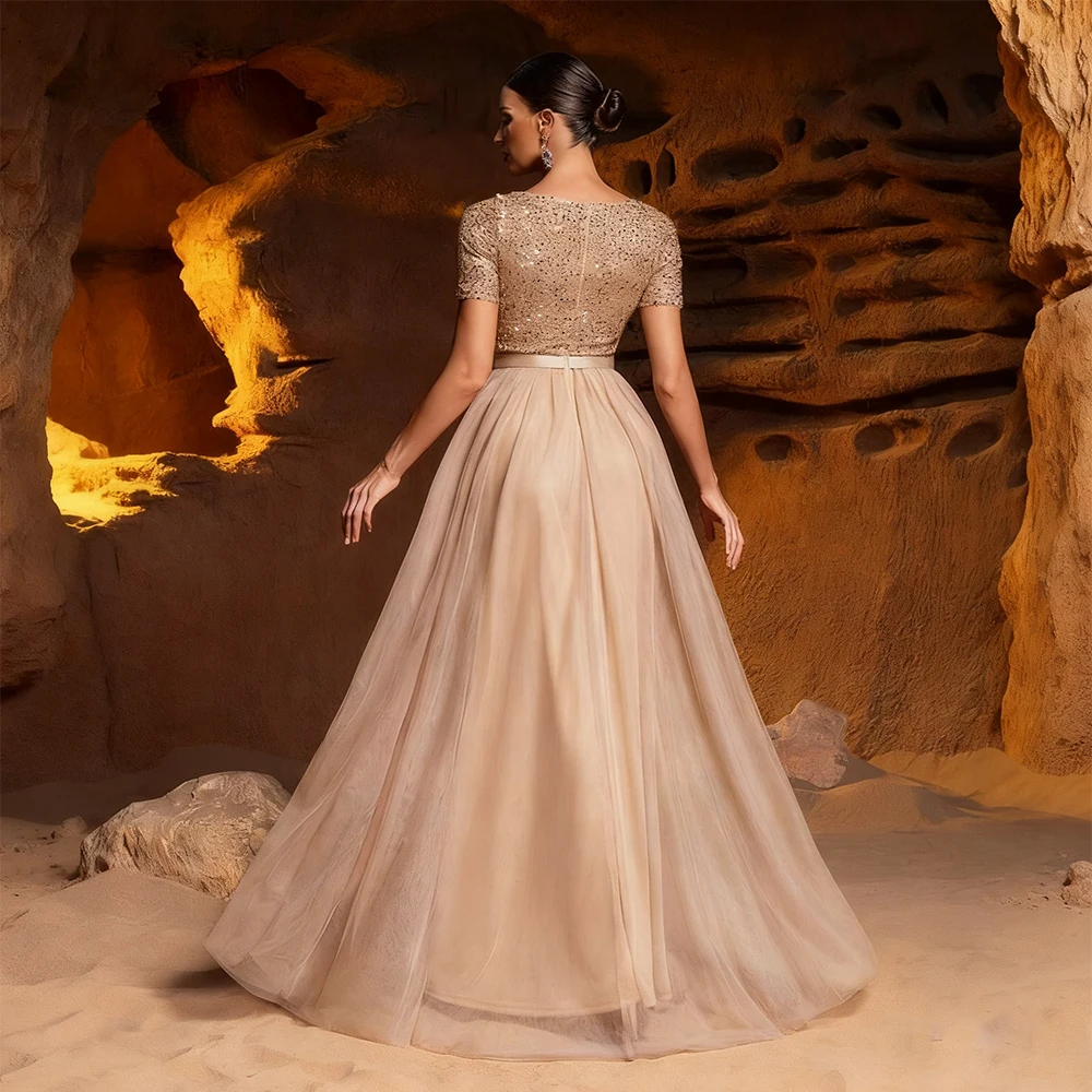 Arya Champagne Elegante Avondjurken Tule voor Vloerlengte Boothals Galajurk A-lijn Pailletten Robes De Soiree Op maat