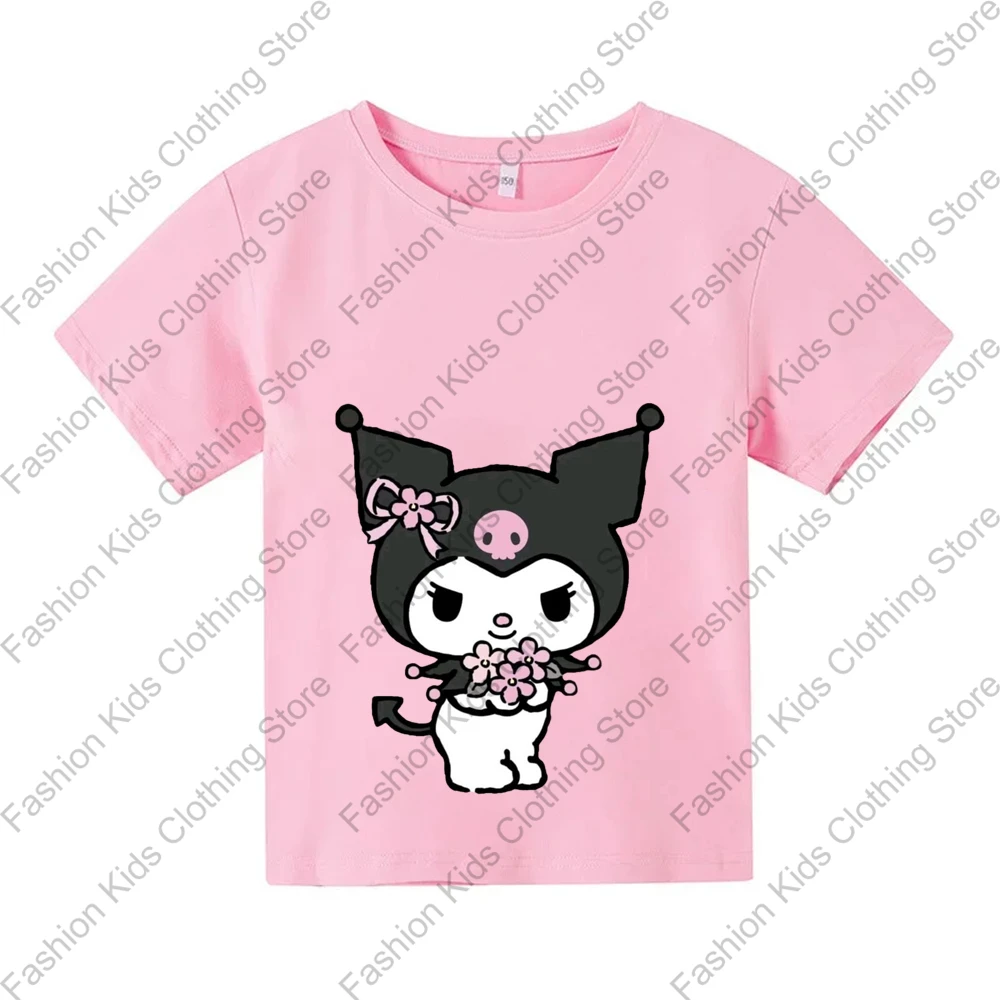 MINISO New 100% Cotton T-Shirts Cartoon Anime Cute Kuromi Print Fashion Streetwear Oversized T Shirt Kids T Shirts Tops Clothing