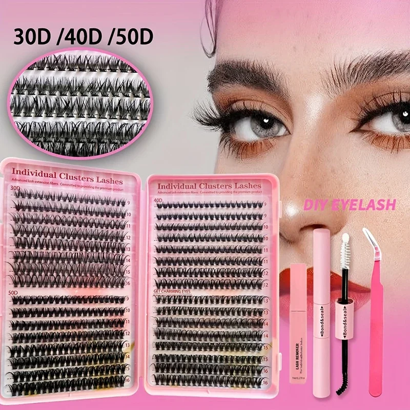 Kit de extensión de pestañas, 640 Uds., 30/40/50D, grupos D Curl, 9-16mm, pestañas individuales con pinzas y cepillo de sellado de unión para profesionales