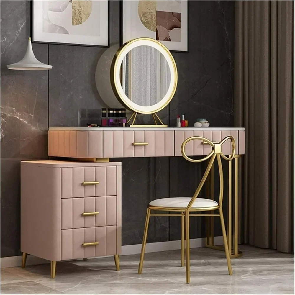 Makeup Vanity Desk Gift, Dressing Table Vanity Set with Led Lighted Mirror, Drawers and Cushioned Stool Set, Makeup Vanity Desk