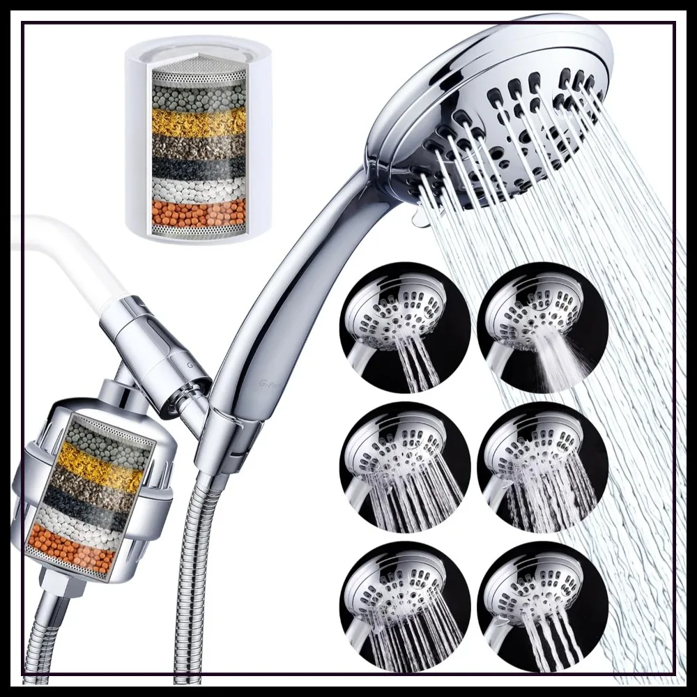

Luxury Filtered Handheld Shower Head, 6 Spray Settings with 2 Filter Cartridges, Adjustable Metal Bracket, Extra Long Stretchable Hose, Chrome