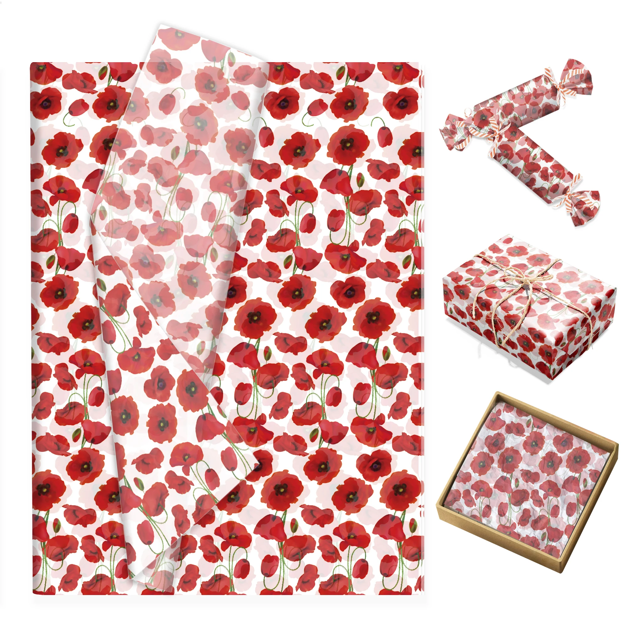 50pcs Floral Poppy Printed Tissue Paper Designs Gift Wrapping DIY Craft Paper for Bouquet Newspaper Style