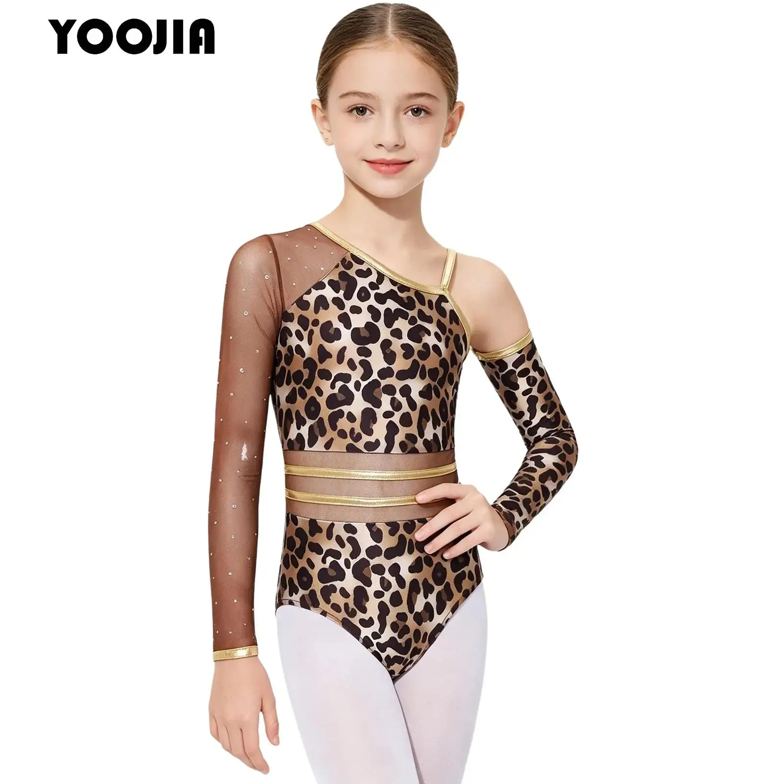 Kids Girls Cave Costume Halloween Primitive Tribal Dress Up Mesh Asymmetric Leopard Print Leotard Jumpsuit Stage Performance