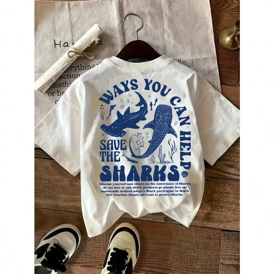 

[Футболка с круглым вырезом с принтом Shark] 1 упаковка, футболка с круглым вырезом из полиэстера с принтом акулы, женский модный пуловер, топ стандартного кроя