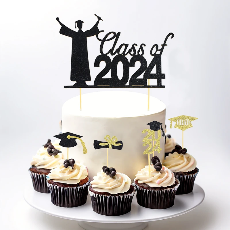 2024 Congrats Grad Paper Cake Toppers Congratulation Class Of 2024 Graduate Birthday Capcake Topper Cake Decoration Multi-Styles