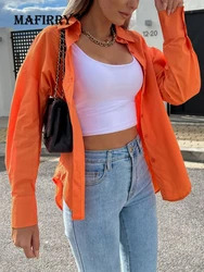 Casual V Neck Long Sleeve Women Shirts Solid Slim Streetwear Button Blouse Office Lady Loose All Match Spring Autumn Orange Tops