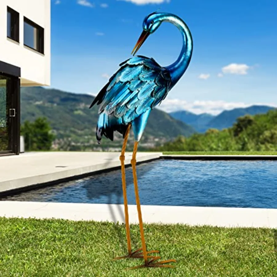 

Crane Garden Statues Metal Garden Crane Outdoor Blue Heron Sculpture Metal Yard Art Large Heron Decoy Bird Statues Lawn Ornamen