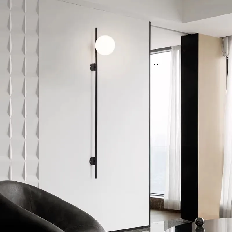 Modern Long Pole Wall Lamps Milky White Glass Wall Lights Black Gold Living Room LED Round Hallway Entrance Aisle Wall Sconce - view 3
