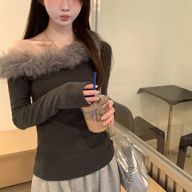 

Skew Collar Slim T-shirt Women's Clothing Fashion Fur Collar Spliced Autumn Winter Solid Color All-match Long Sleeve Pullovers