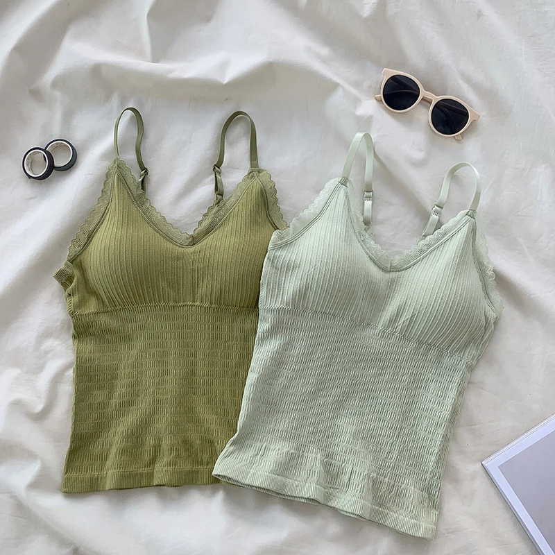 

Women Lace V-Neck Tank Tops Ribbed Solid Color Crop Tops Sexy Padded Camisole Women Summer Basic Elastic Tank Top Y2k Girls Vest