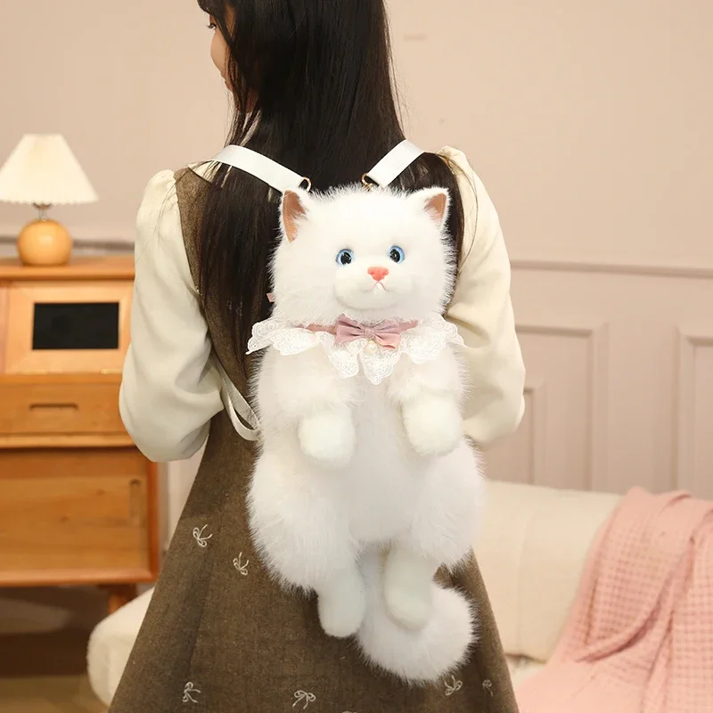 Adorable Realistic Ragdoll Cat Plush Backpack Soft Fluffy White Black Cat Shoulder Bag with Adjustable Strap Cute Cat Bag
