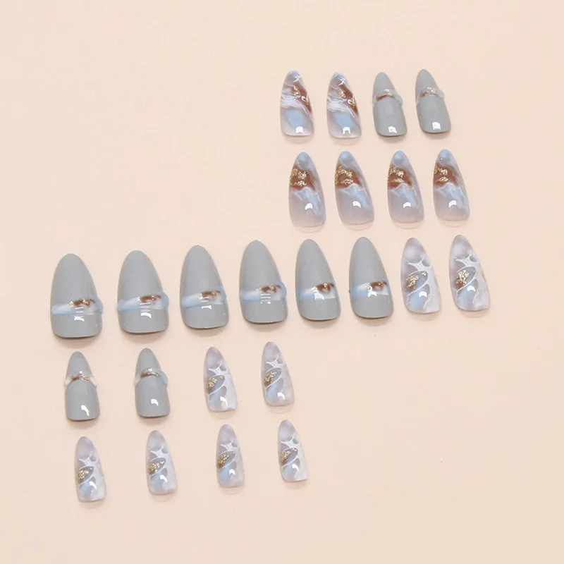 Elegant Ocean Theme Clear Blue Gradient Nail Tip Decoration Gold Glitter Embellishment 24pcs Stereo Nail Decoration