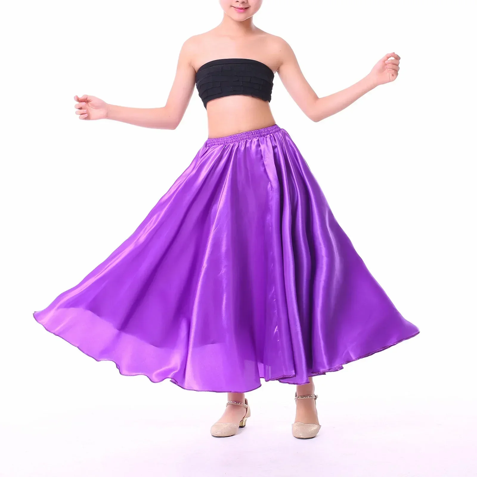 Kids Gypsy Girls Spanish Flamengo Skirt Satin Silk Shiny Big Swing Belly Dance Skirt Dress Flamenco Performance Dance Costume