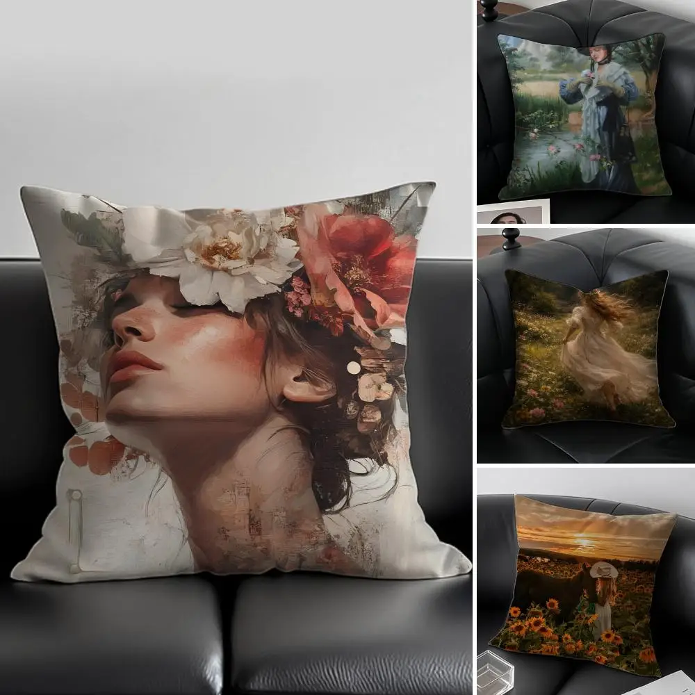C-Classical Western Beauty and Flowers Cushion Cover Pillow Case Soft Friendly Fabric & Concealed Zipper