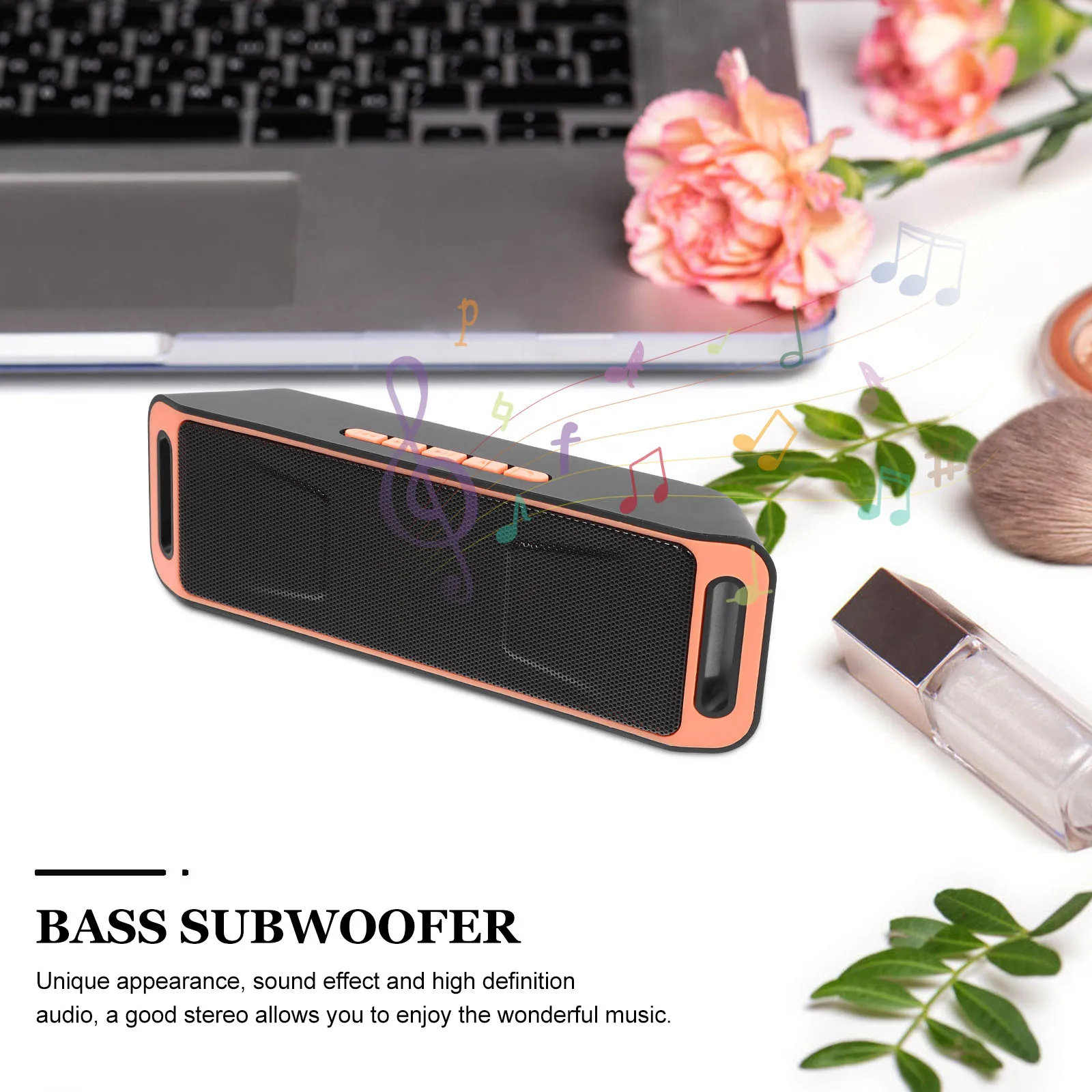 

Speaker Mini Portable Wireless Subwoofer Bass Stereo Audio Built-In Microphone Speakerphone Hd Sound Orange