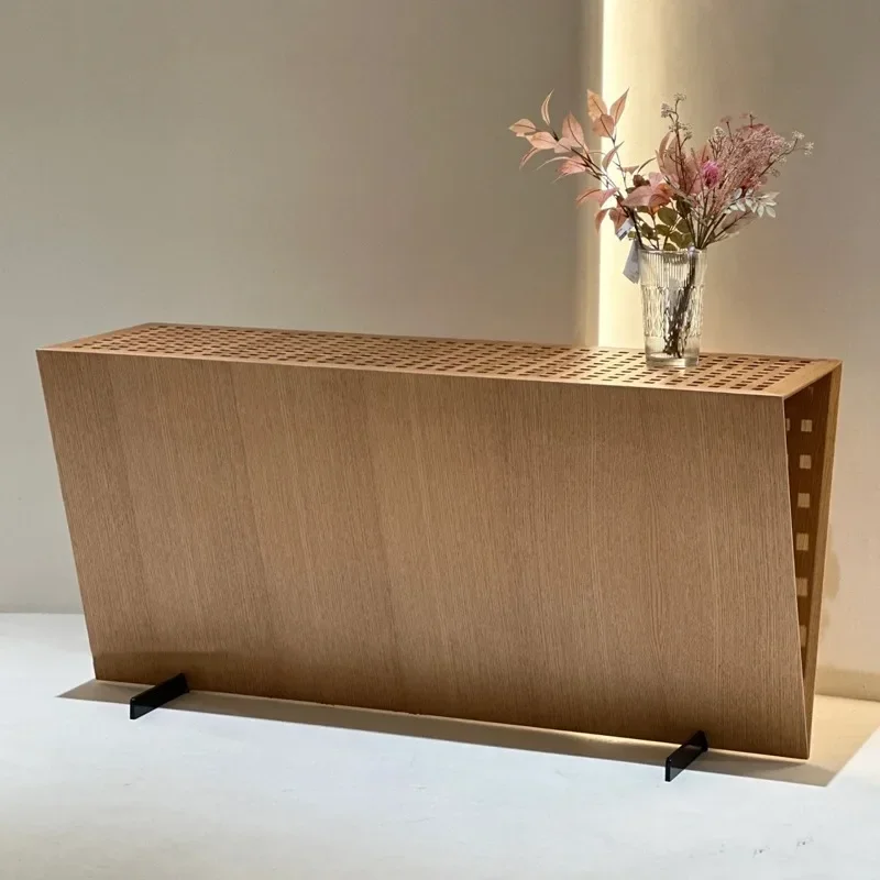 

Medieval wabi-sabi wind simple log color inverted triangle entrance table solid wood Italian creative side cabinet bookshelf