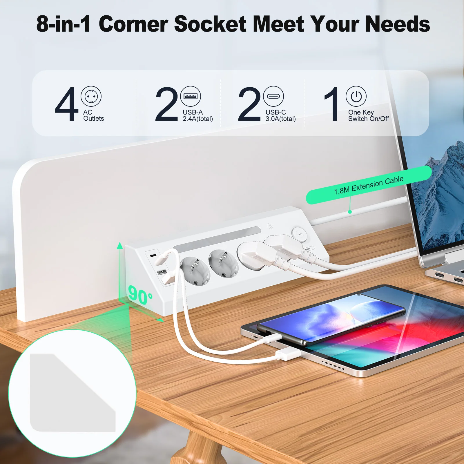 8-in-1 EU Socket Board with 2 USB + 2 Type-C + Master Control Switch, 1.8-Meter Extension Cord, and Night Light Adjustment Funct