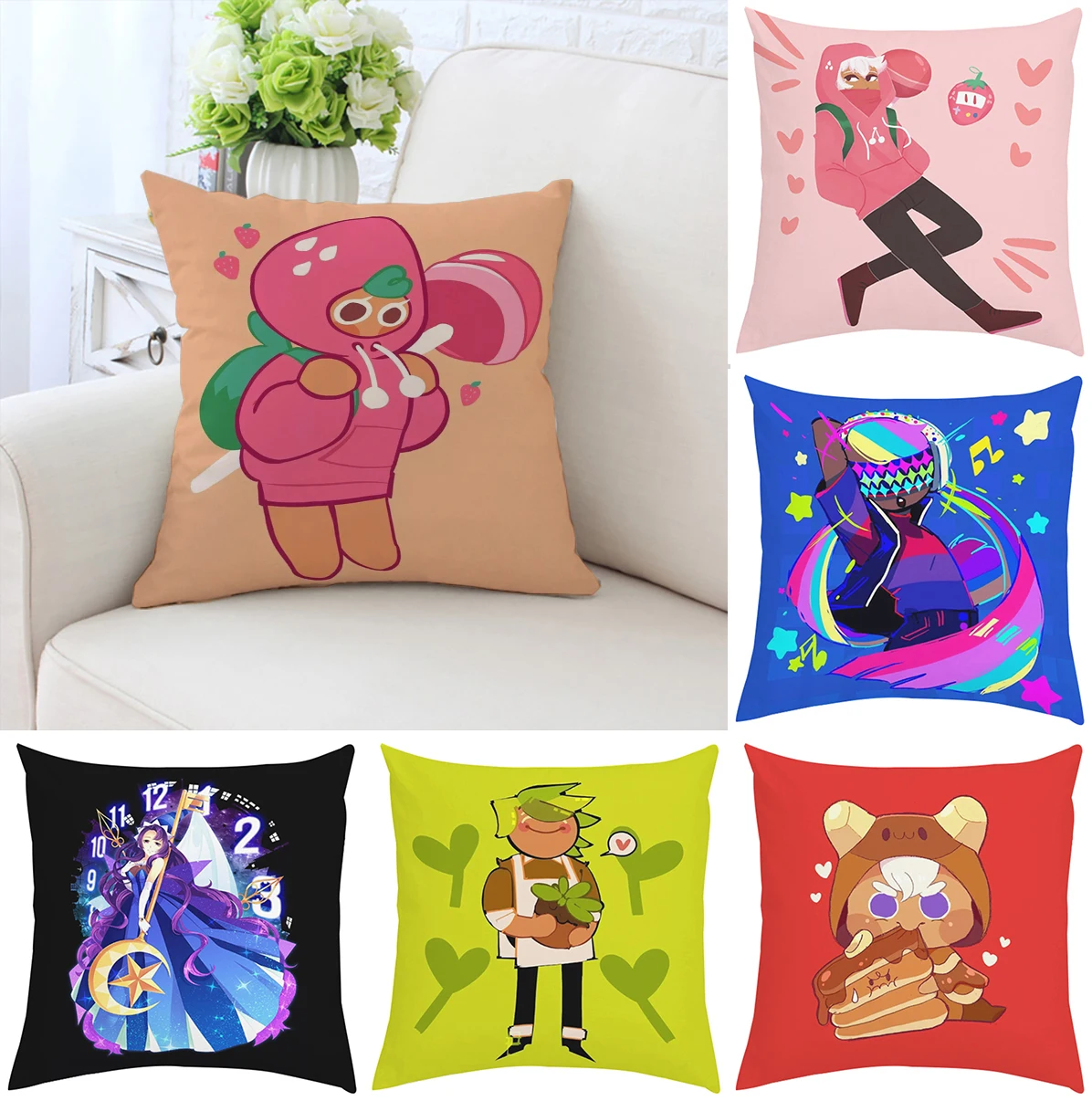 

45x45cm Pillow case anime cute Strawberry Cookie double-sided printed sofa cushion cover office chair waist backrest 40x40cm